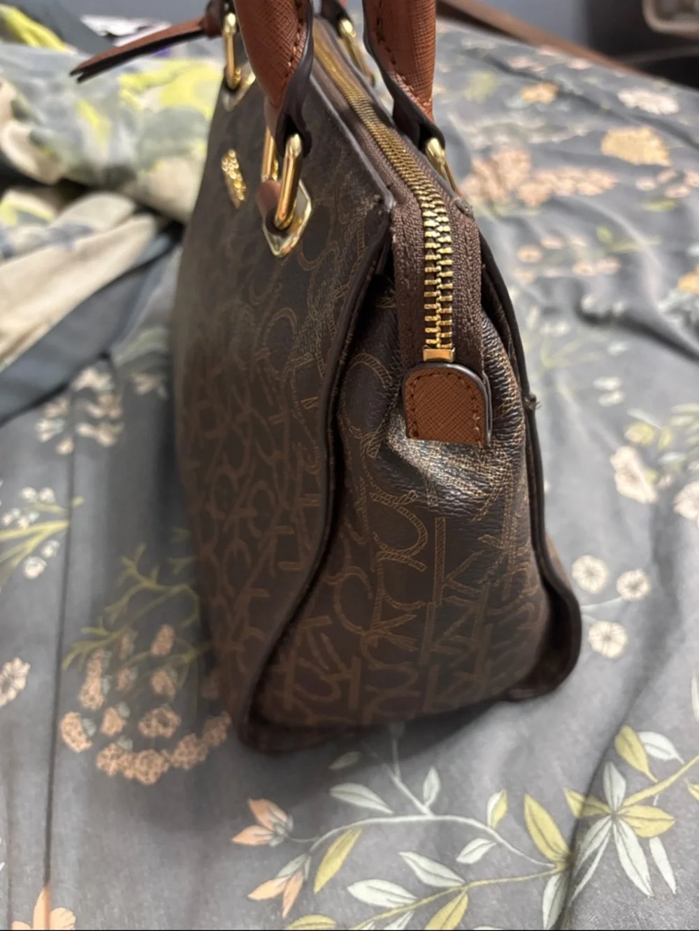 Calvin Klein Brown Monogram Zipper Handbag with Tan Handles and Gold Hardware